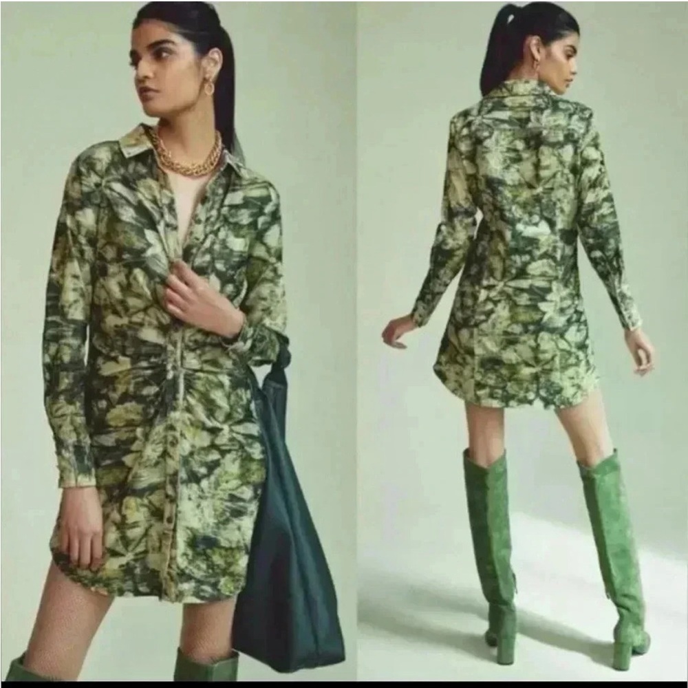 Anthropologie Pilcro Ruched Corduroy Green Shirt Dress Size 0